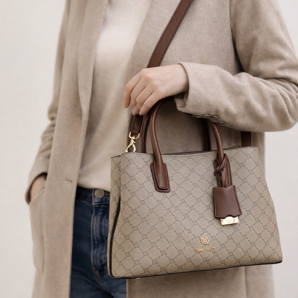 Nine West Lakelyn Satchel Bag Beige Logo Brown Trim NWT Crossbody